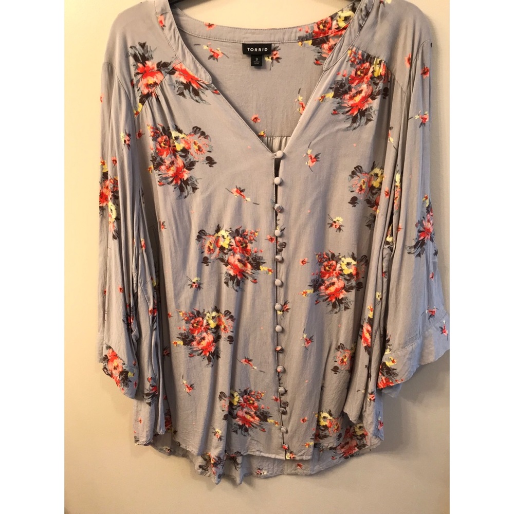 Grey floral button down blouse